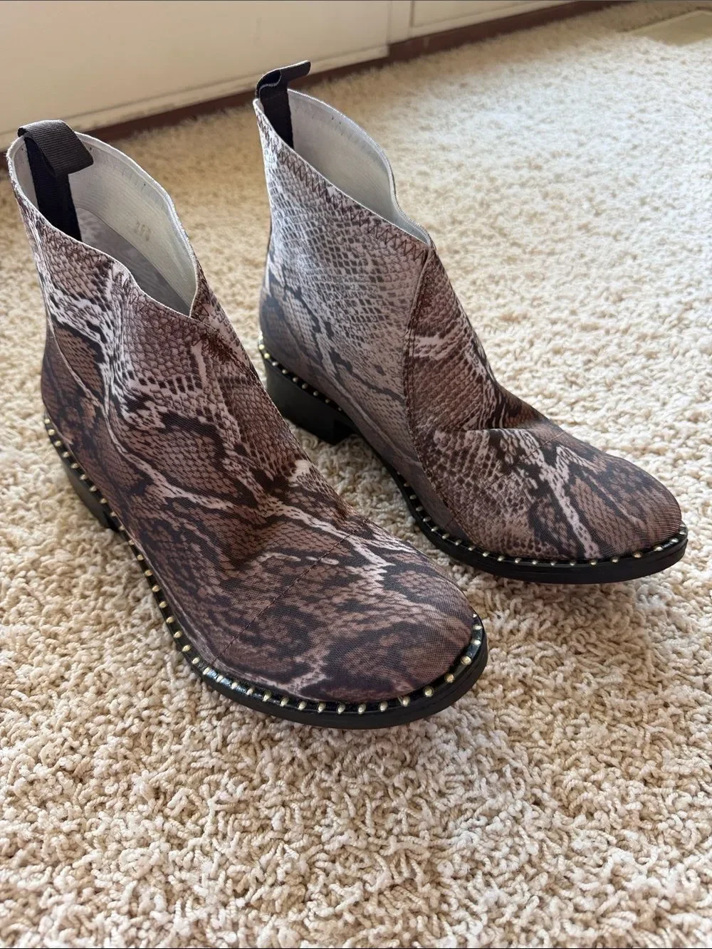 Pierre Dumas Snake-Print Ankle Booties in Brown and Black
